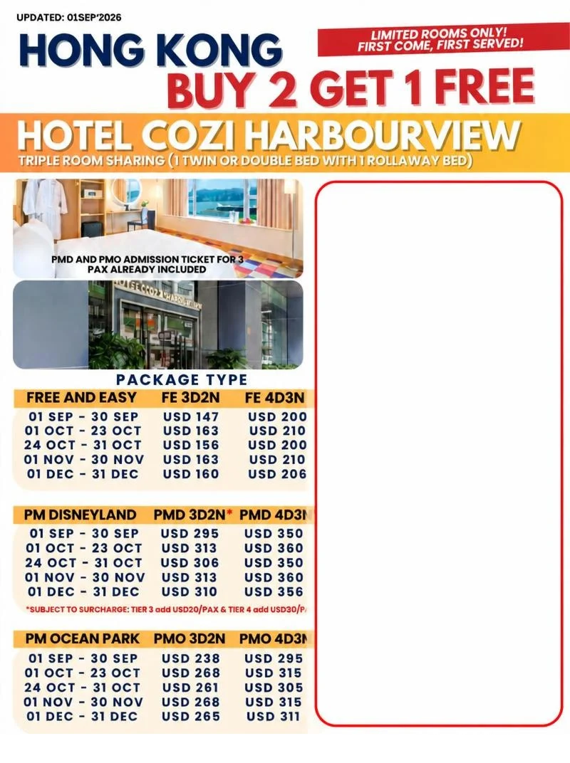 Hong Kong Buy 2 Get 1 Free: Hotel Cozi Harbourview 3D2N / 4D3N Triple Room Package