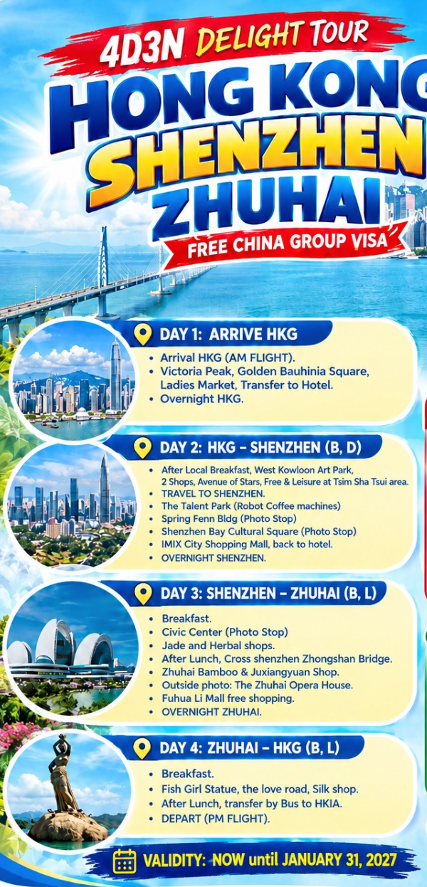4D3N Delight Tour: Hong Kong - Shenzhen - Zhuhai with Free China Group Visa