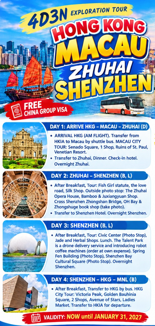 4D3N Exploration Tour: Hong Kong - Macau - Zhuhai - Shenzhen with Free China Group Visa