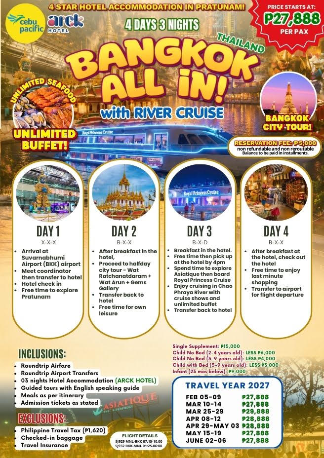 4D3N Bangkok All In with River Cruise: Roundtrip Airfare via Cebu Pacific, ARCK Hotel Pratunam